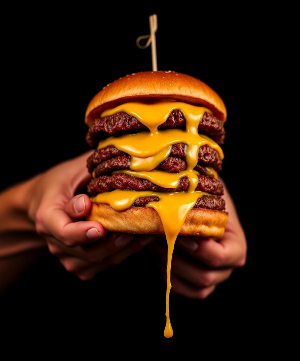 Wysoki burger z kilkoma krążkami wołowiny i topionym serem