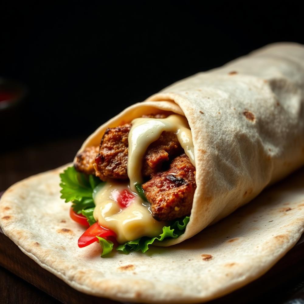 Kebab w cienkiej tortilli z mięsem z grilla i sosem